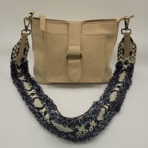 Anthropologie ZUMA Tan Suede Crossbody Bag with Navy Fringe Strap